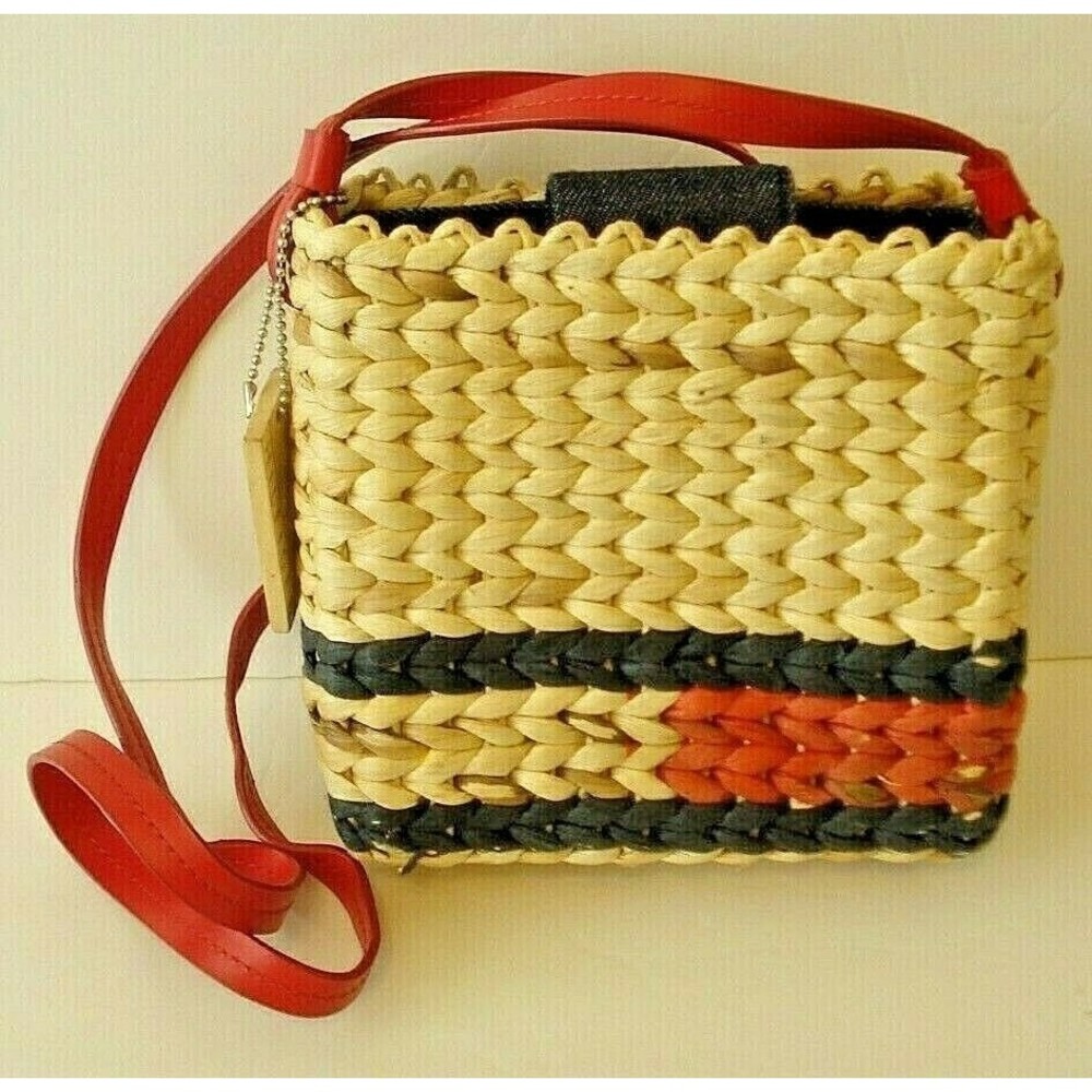 Tommy Hilfiger Womens Woven Raffia Straw Crossbody Flag Patriotic Logo Purse